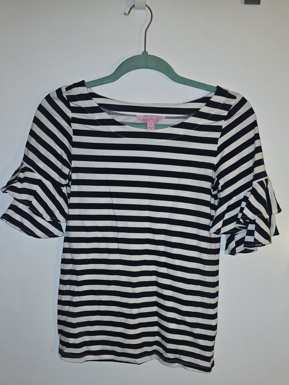 Lilly Pulitzer Black & White Striped Ruffle Sleeve Tee XXS